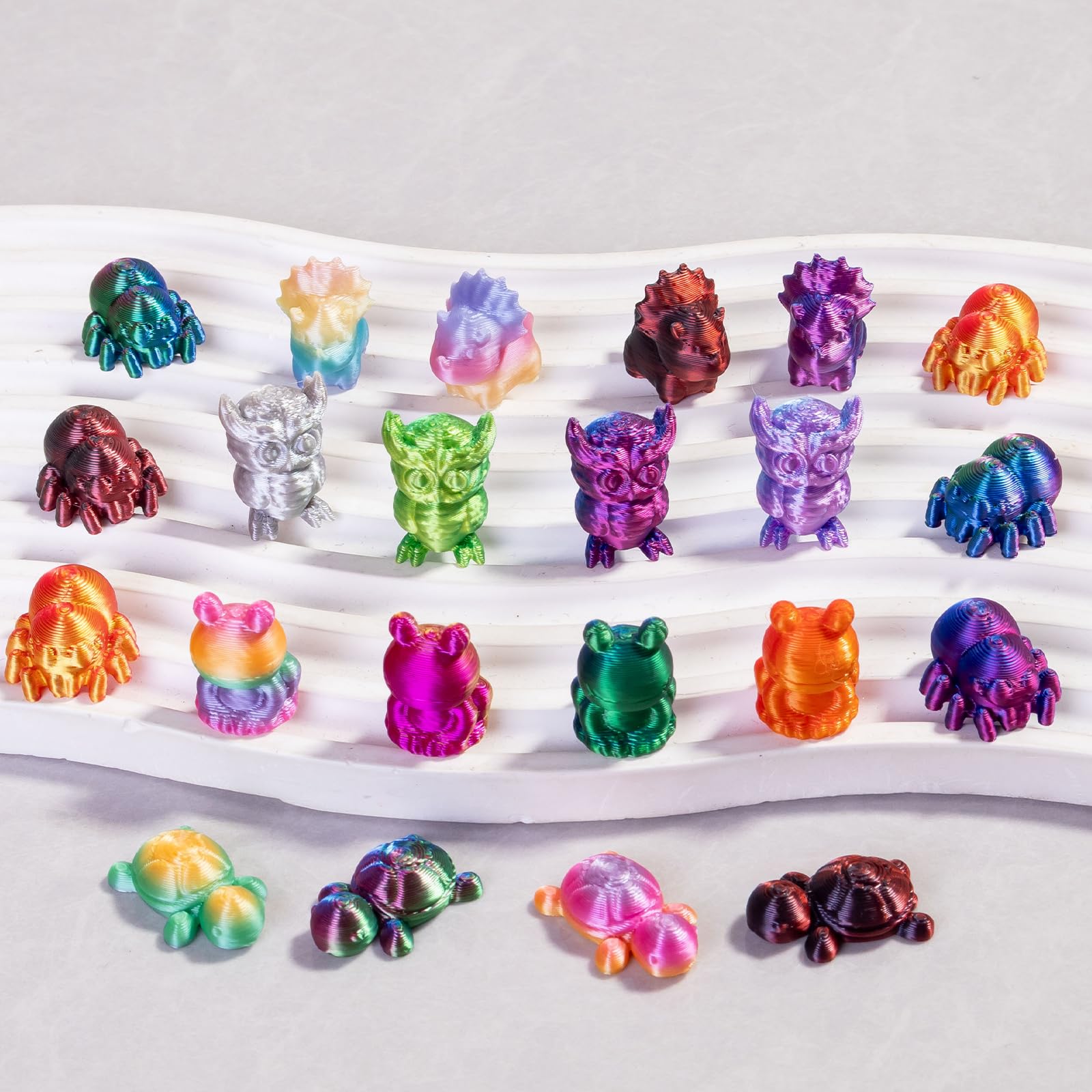 150-Piece 3D Printed Mini Animal Set – Owl, Frog, Rhino, Spider, Turtle – 2 cm Gradient Figurines for Decoration