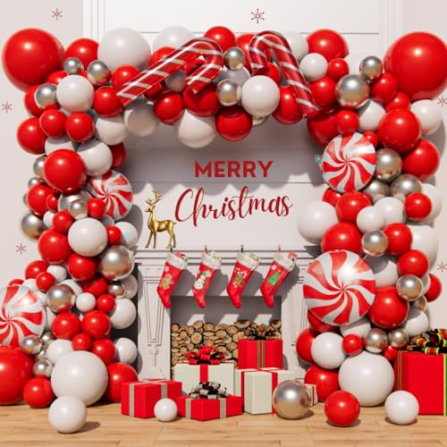 150-Piece Christmas Balloon Arch Garland Kit in Red, White, and Gold with Candy Cane Foil Balloons – Beaumode