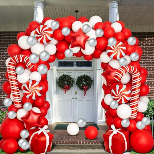 150-Piece Christmas Balloon Arch Garland Kit in Red, White, and Gold with Candy Cane Foil Balloons – Beaumode
