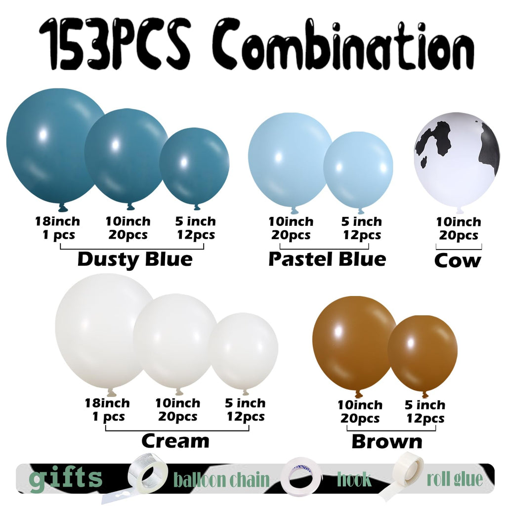 153 Pcs Dusty Blue Cow Balloon Arch Garland Kit – Rubber Balloons for Baby Shower, Farm Theme Party Decor