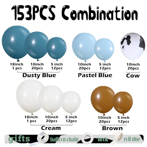 153 Pcs Dusty Blue Cow Balloon Arch Garland Kit – Rubber Balloons for Baby Shower, Farm Theme Party Decor