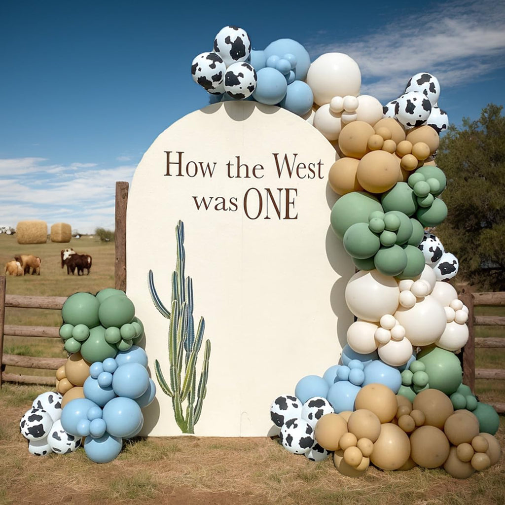 153-Piece Green Cow Balloon Arch Kit - Sage Green, Blue, Brown, and Cow Print Balloons for Farm Western Birthday Decor