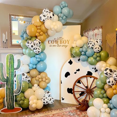 153-Piece Green Cow Balloon Arch Kit - Sage Green, Blue, Brown, and Cow Print Balloons for Farm Western Birthday Decor