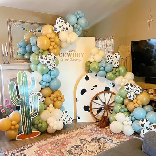 153-Piece Green Cow Balloon Arch Kit - Sage Green, Blue, Brown, and Cow Print Balloons for Farm Western Birthday Decor