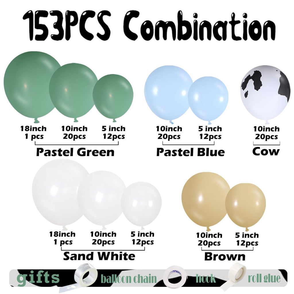 153-Piece Green Cow Balloon Arch Kit - Sage Green, Blue, Brown, and Cow Print Balloons for Farm Western Birthday Decor