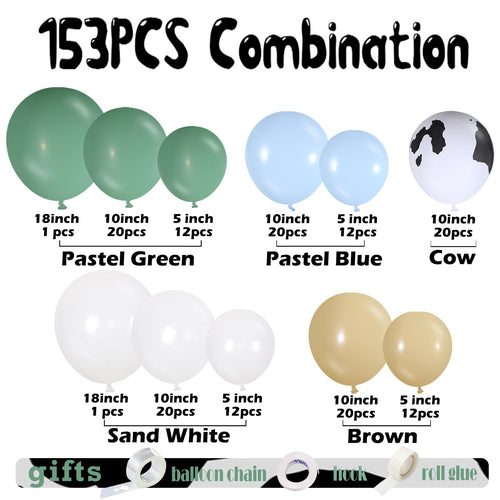153-Piece Green Cow Balloon Arch Kit - Sage Green, Blue, Brown, and Cow Print Balloons for Farm Western Birthday Decor