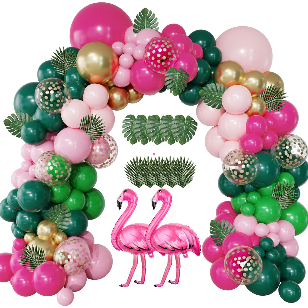 156-Piece Tropical Flamingo Balloon Arch Garland Kit – Hot Pink, Dark Green, Gold Confetti, Palm Leaves for Luau Beach Birthday Party Décor