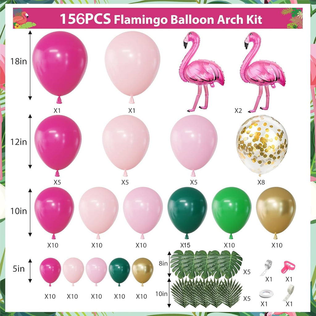 156-Piece Tropical Flamingo Balloon Arch Garland Kit – Hot Pink, Dark Green, Gold Confetti, Palm Leaves for Luau Beach Birthday Party Décor