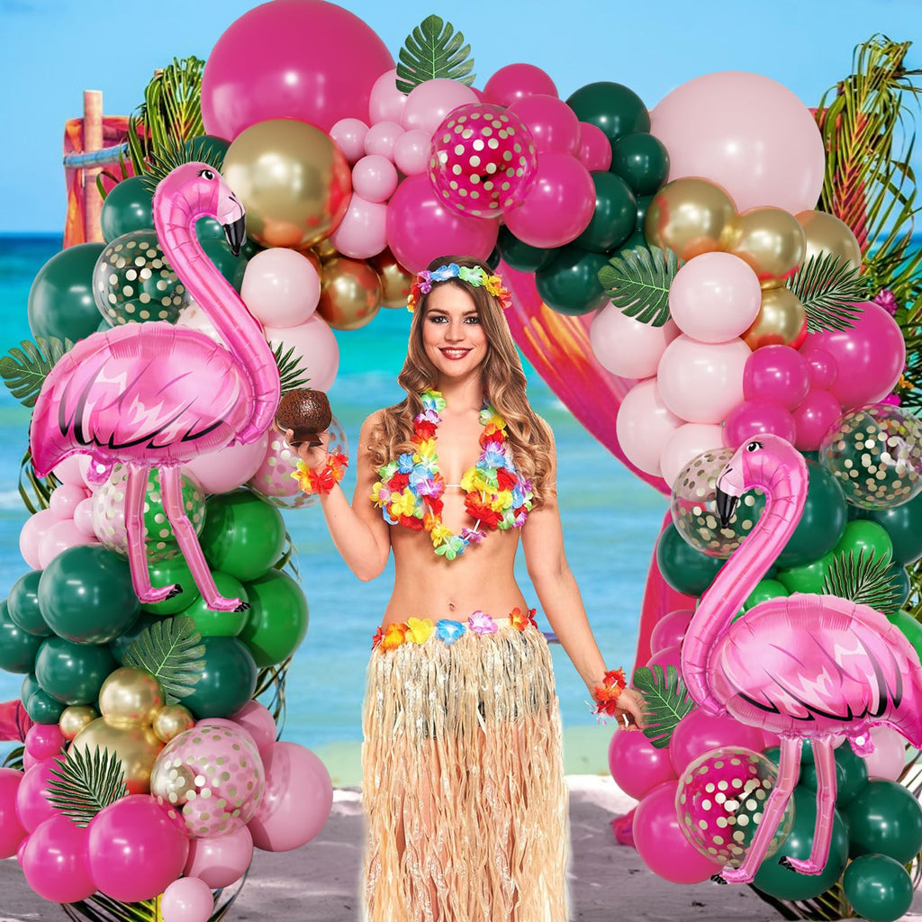 156-Piece Tropical Flamingo Balloon Arch Garland Kit – Hot Pink, Dark Green, Gold Confetti, Palm Leaves for Luau Beach Birthday Party Décor