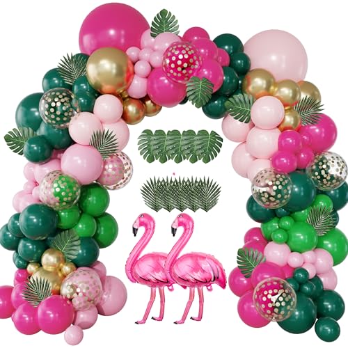 156-Piece Tropical Flamingo Balloon Arch Garland Kit – Hot Pink, Dark Green, Gold Confetti, Palm Leaves for Luau Beach Birthday Party Décor