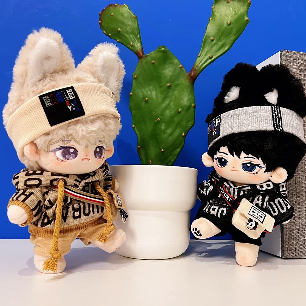 15cm Plush Doll Clothes Set - Brown Hip-Hop Outfit with Hoodie, Pants, Backpack & Glasses for 6-Inch Dolls
