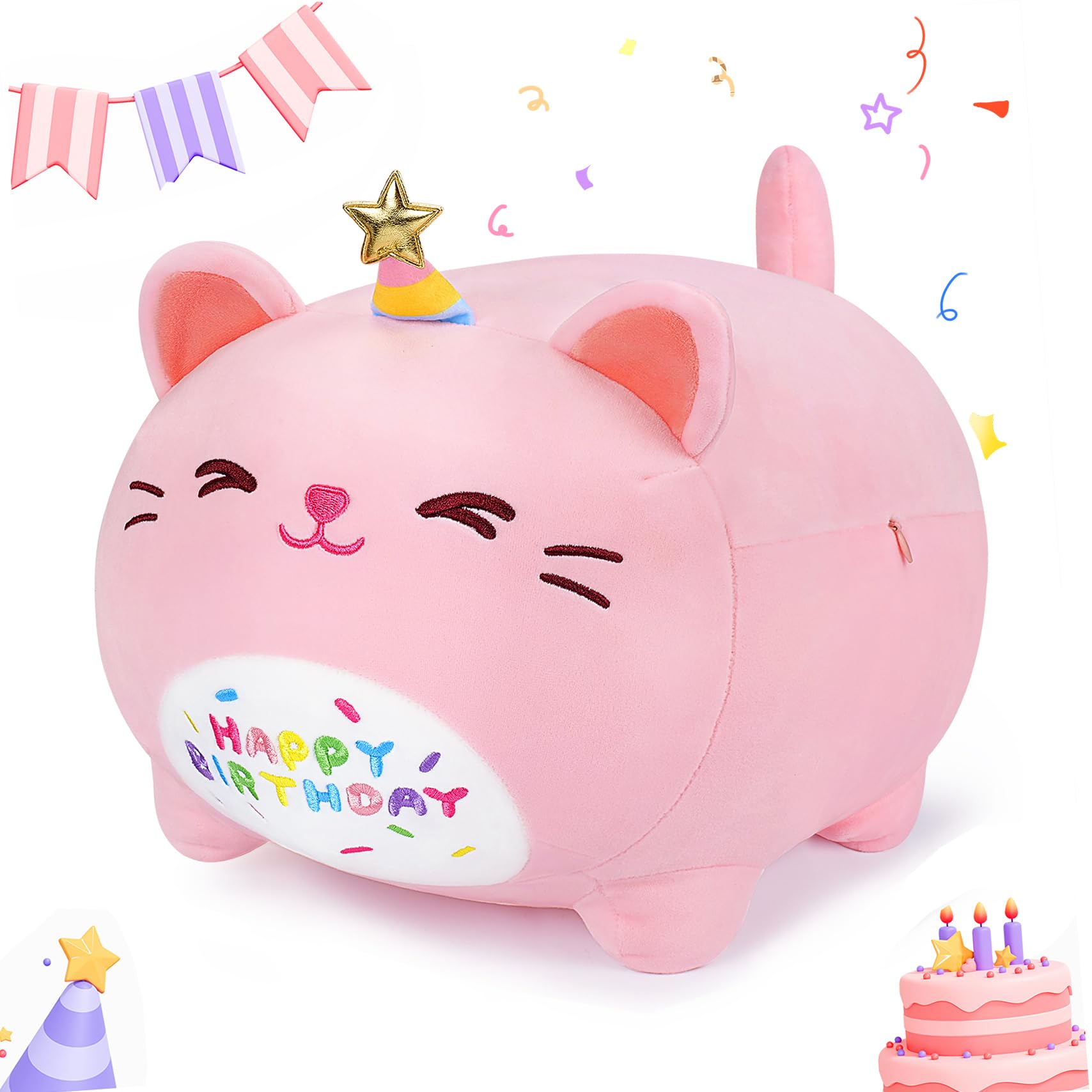 16-Inch Pink Birthday Cat Plush Pillow - Kawaii Stuffed Animal with Star Hat, Soft Gift for Girlfriend or Kids