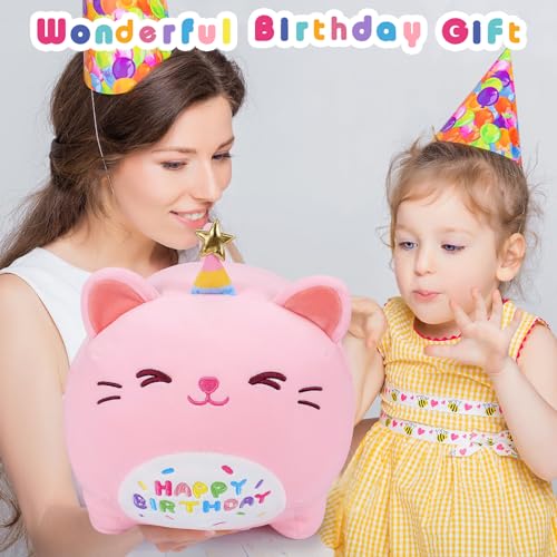 16-Inch Pink Birthday Cat Plush Pillow - Kawaii Stuffed Animal with Star Hat, Soft Gift for Girlfriend or Kids