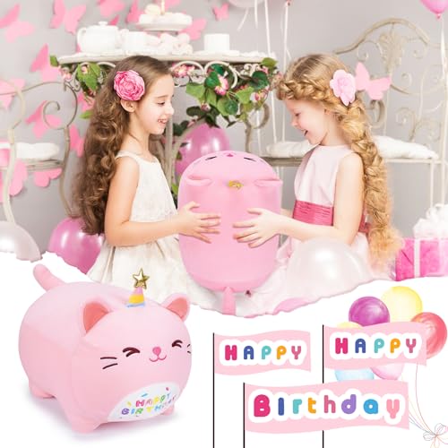 16-Inch Pink Birthday Cat Plush Pillow - Kawaii Stuffed Animal with Star Hat, Soft Gift for Girlfriend or Kids