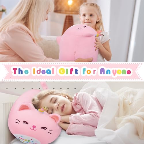 16-Inch Pink Birthday Cat Plush Pillow - Kawaii Stuffed Animal with Star Hat, Soft Gift for Girlfriend or Kids