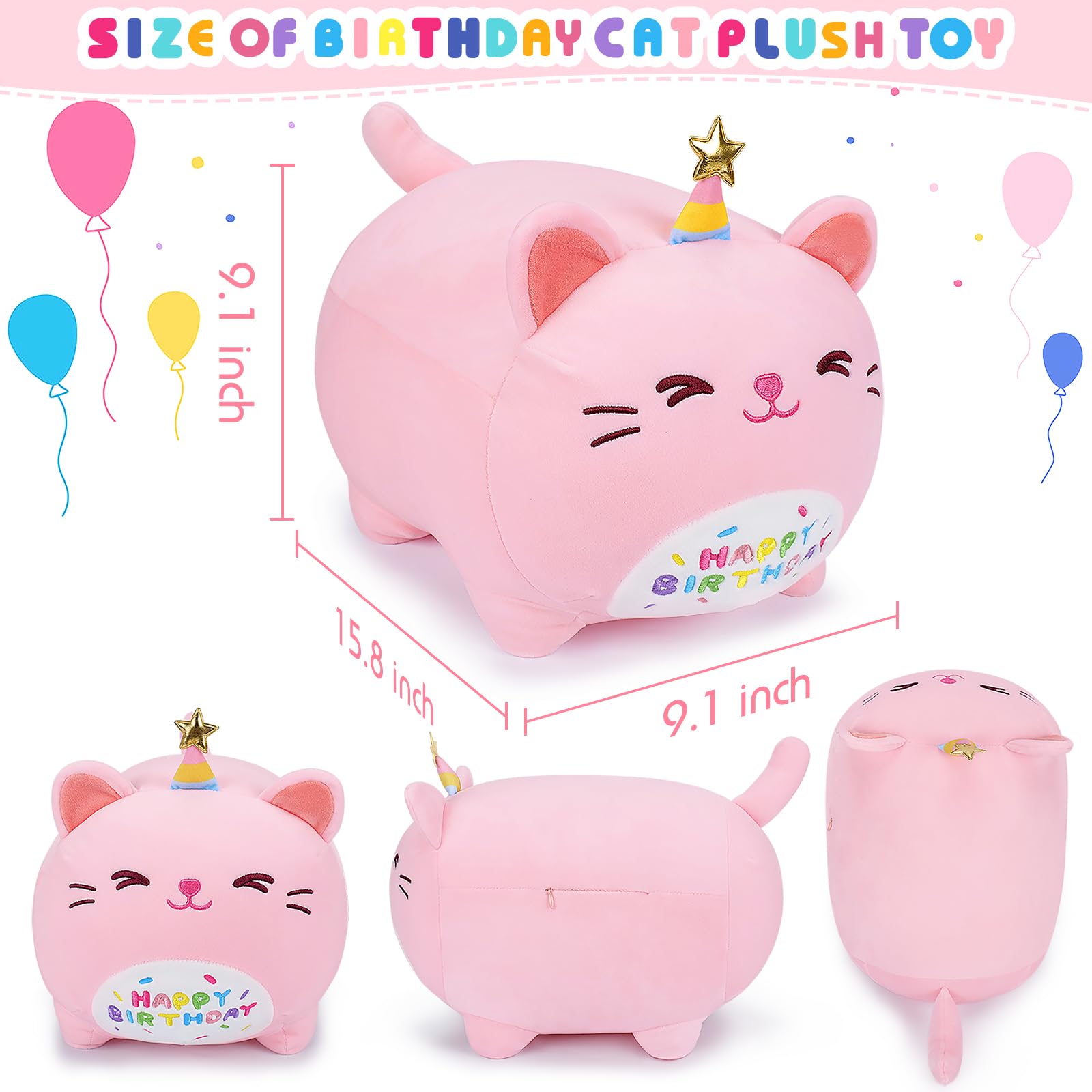 16-Inch Pink Birthday Cat Plush Pillow - Kawaii Stuffed Animal with Star Hat, Soft Gift for Girlfriend or Kids