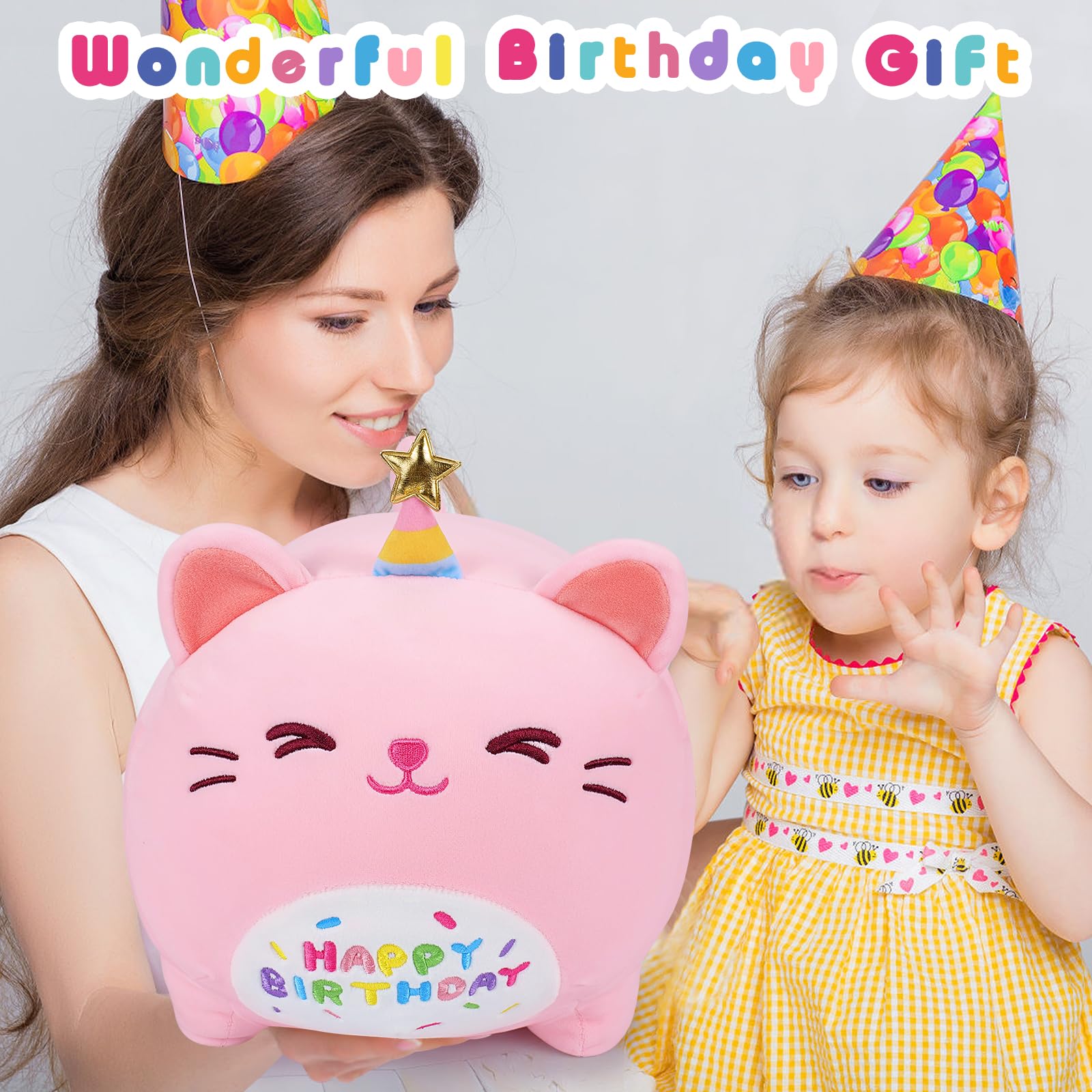 16-Inch Pink Birthday Cat Plush Pillow - Kawaii Stuffed Animal with Star Hat, Soft Gift for Girlfriend or Kids
