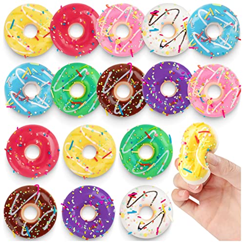 16-Pack Rainbow Donut Stress Balls – Soft PU Foam Squeeze Toys for Stress Relief, Party Favors & Pretend Play