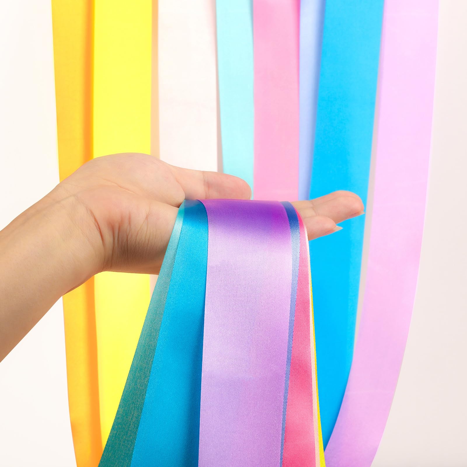 16 Pastel Rainbow Gymnastics Dance Ribbons for Kids Party Favors – 8 Colors, 6.5ft Satin Silk Ribbon Wands