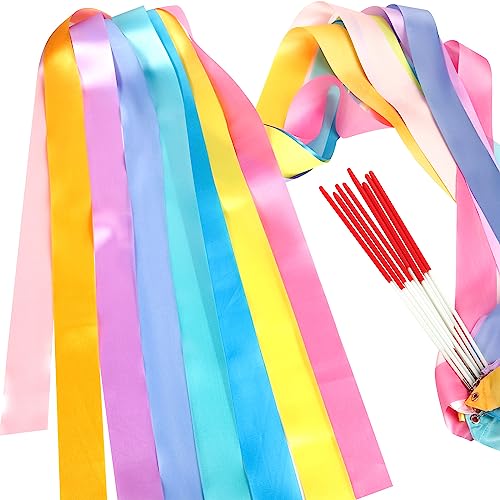 16 Pastel Rainbow Gymnastics Dance Ribbons for Kids Party Favors – 8 Colors, 6.5ft Satin Silk Ribbon Wands