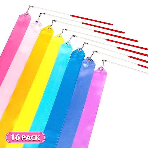 16 Pastel Rainbow Gymnastics Dance Ribbons for Kids Party Favors – 8 Colors, 6.5ft Satin Silk Ribbon Wands
