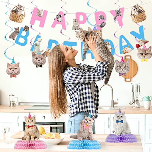 16 Pcs Cat Birthday Party Decorations Set - Banner, Cutouts, Swirls & Centerpieces