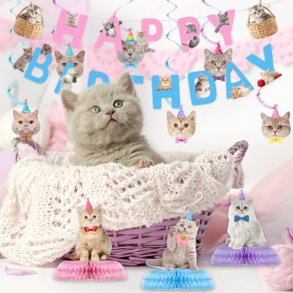 16 Pcs Cat Birthday Party Decorations Set - Banner, Cutouts, Swirls & Centerpieces