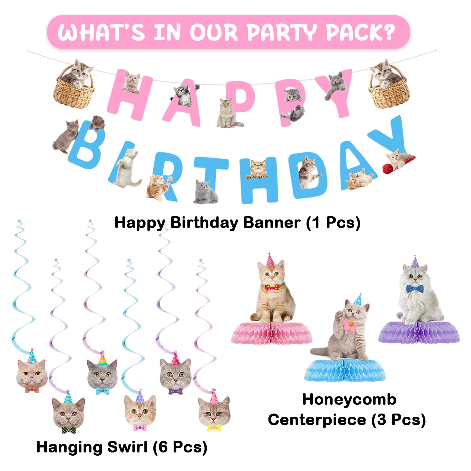 16 Pcs Cat Birthday Party Decorations Set - Banner, Cutouts, Swirls & Centerpieces