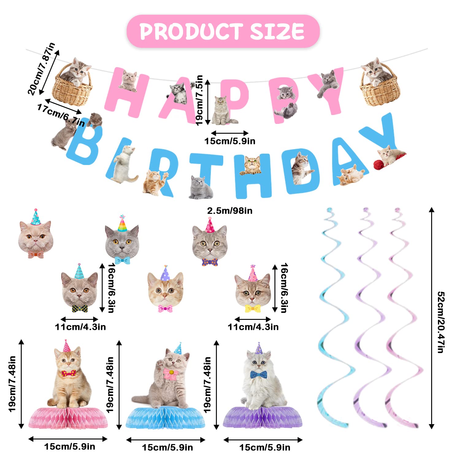 16 Pcs Cat Birthday Party Decorations Set - Banner, Cutouts, Swirls & Centerpieces