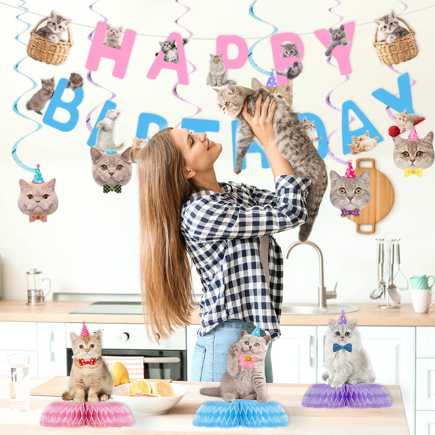 16 Pcs Cat Birthday Party Decorations Set - Banner, Cutouts, Swirls & Centerpieces
