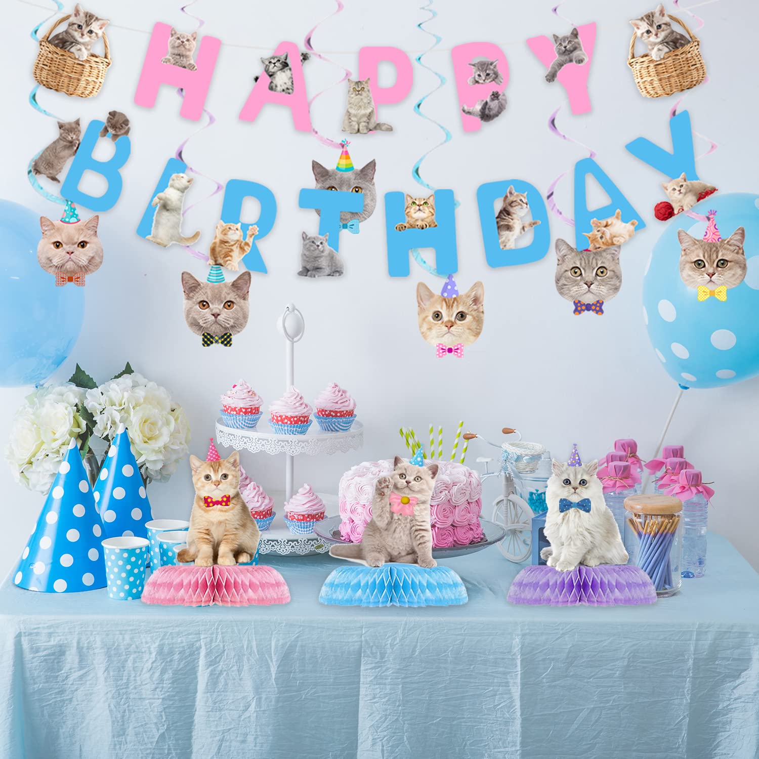16 Pcs Cat Birthday Party Decorations Set - Banner, Cutouts, Swirls & Centerpieces