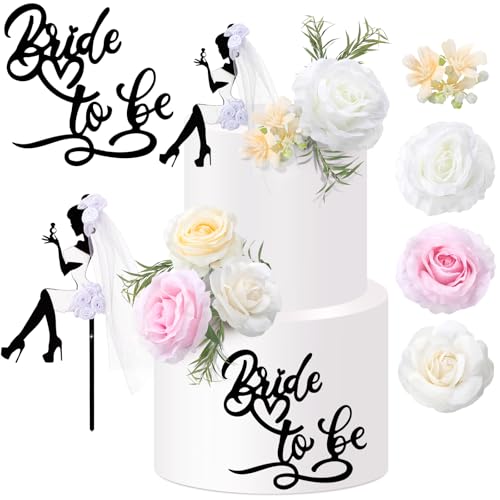 16-Piece Bride to Be Cake Topper Set - Black Acrylic Silhouette with Flowers for Bachelorette Parties, Bridal Showers