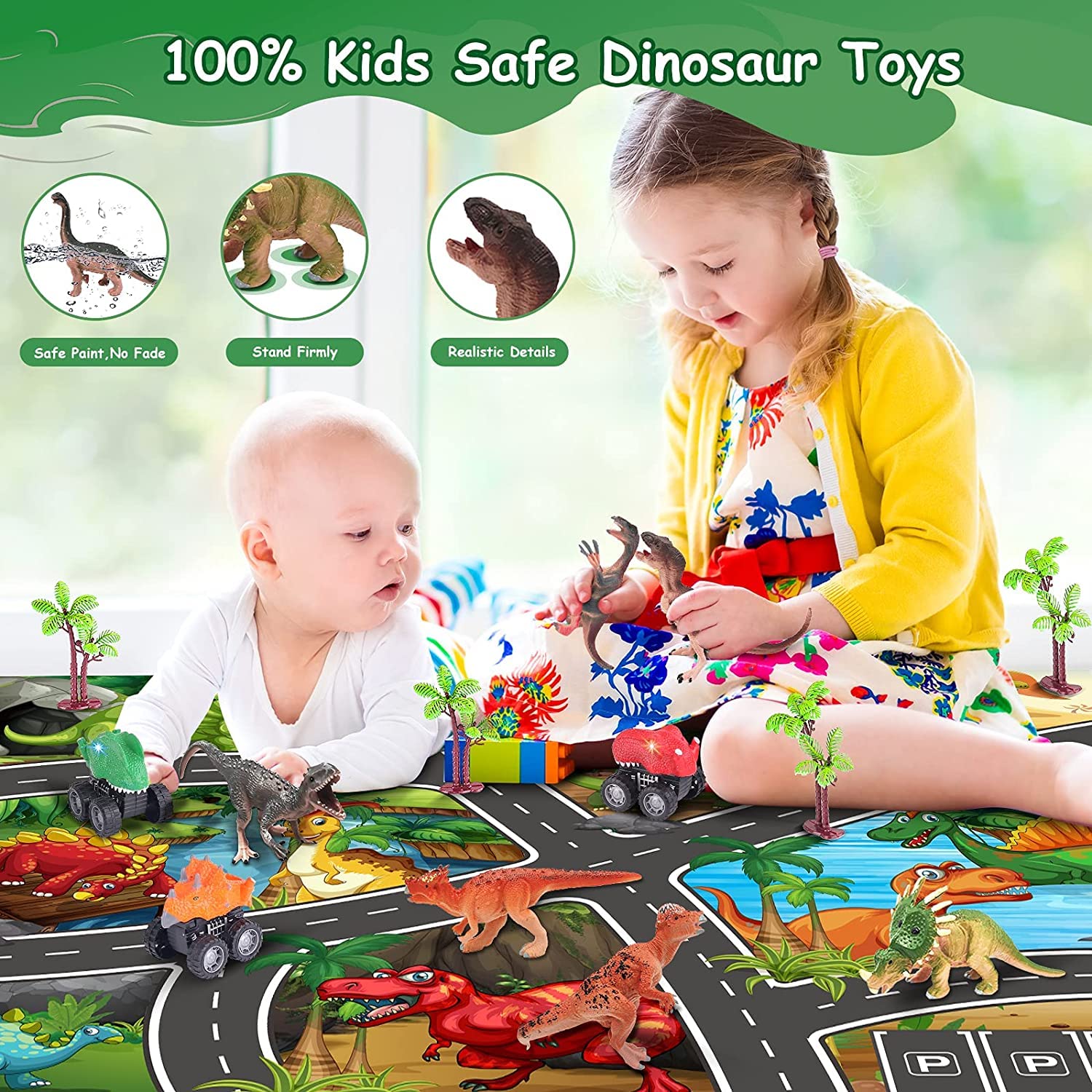 16-Piece Dinosaur Figures Set by Gemini&Genius – Party Favors, Cake Toppers & Gifts