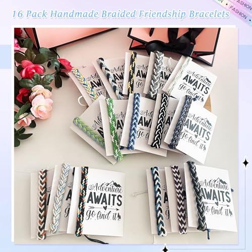 16-Piece Handmade Friendship Bracelet Set – Braided Adjustable Party Favors with Cards