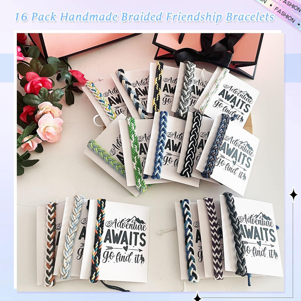 16-Piece Handmade Friendship Bracelet Set – Braided Adjustable Party Favors with Cards