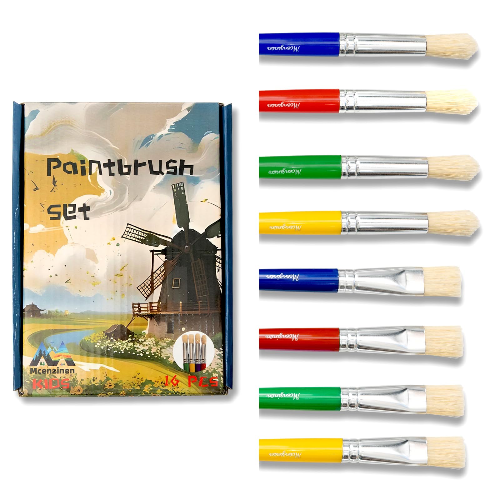 16-Piece Non-Toxic Paint Brush Set for Kids Ages 3-8 - Washable Nylon Bristles by Mcenzinen
