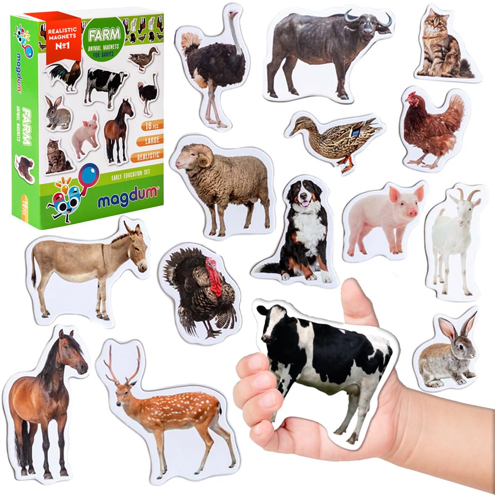 16 Realistic Farm Animal Fridge Magnets by Magdum – Educational Magnetic Set for Toddlers Age 3+