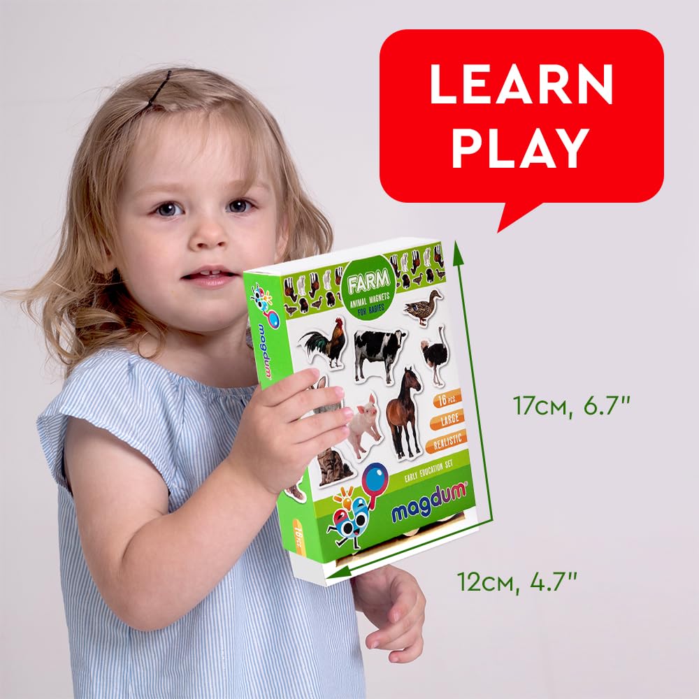 16 Realistic Farm Animal Fridge Magnets by Magdum – Educational Magnetic Set for Toddlers Age 3+