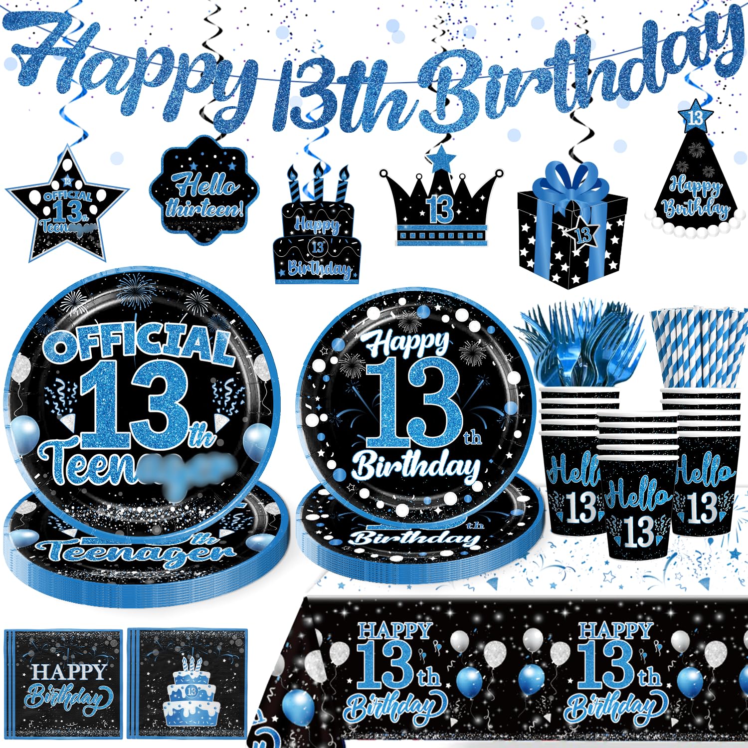 160 Pcs 13th Birthday Boy Party Decoration Set - Plates, Napkins, Banner & More