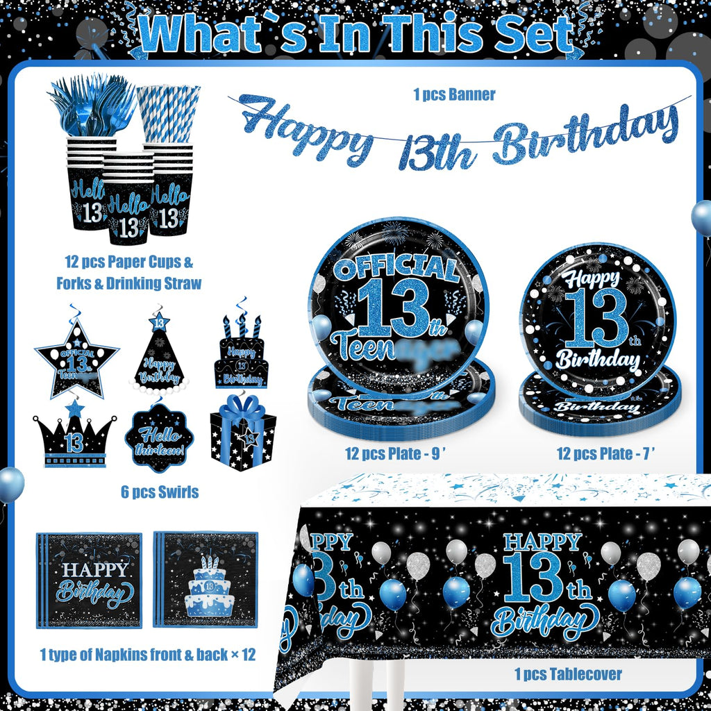 160 Pcs 13th Birthday Boy Party Decoration Set - Plates, Napkins, Banner & More