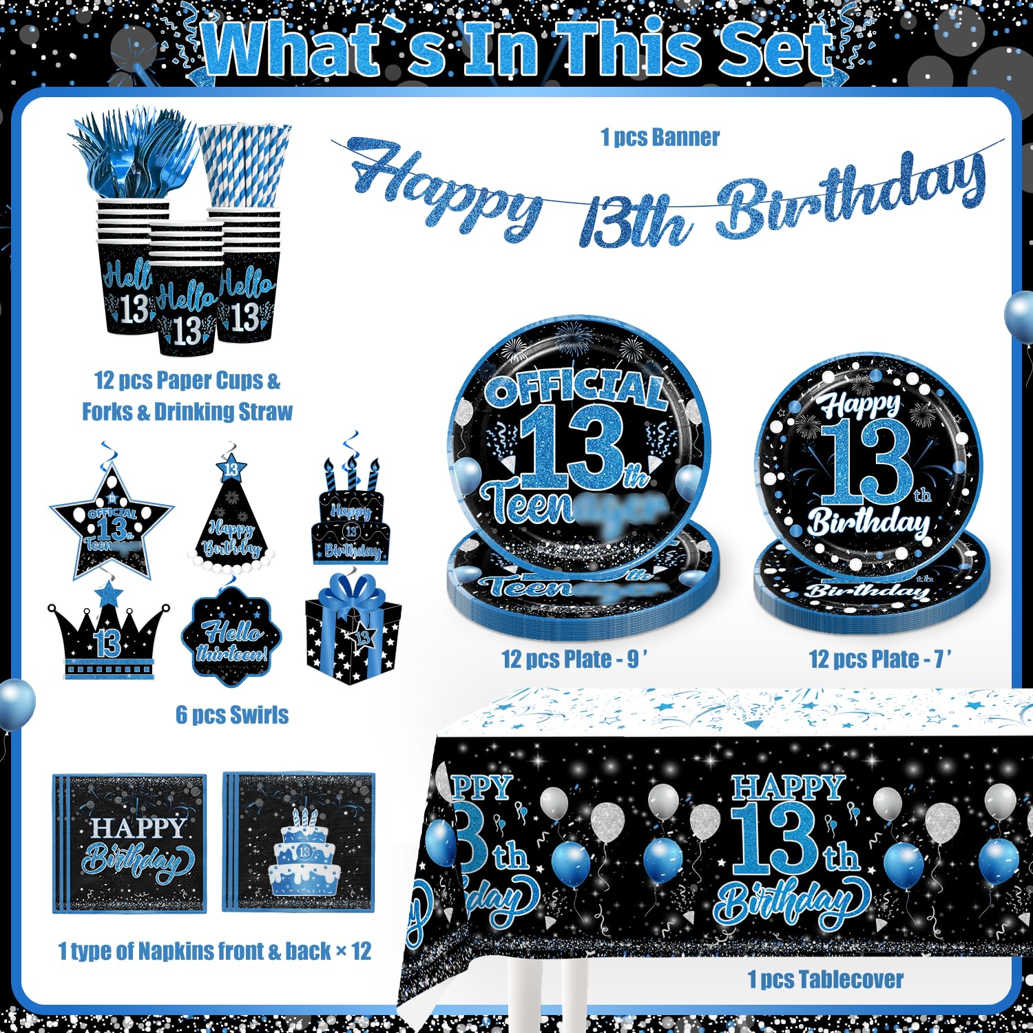 160 Pcs 13th Birthday Boy Party Decoration Set - Plates, Napkins, Banner & More