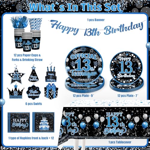 160 Pcs 13th Birthday Boy Party Decoration Set - Plates, Napkins, Banner & More