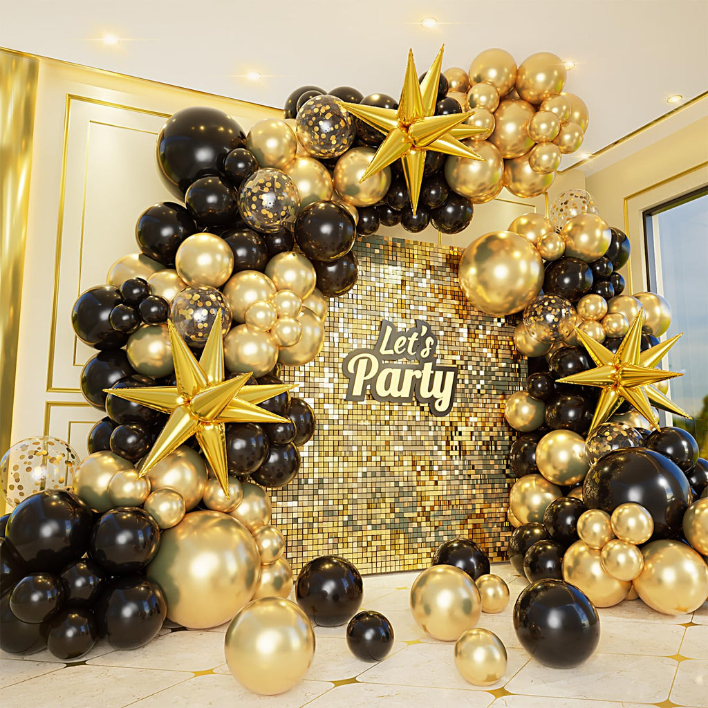 161pc Black and Gold Balloon Garland Arch Kit with Explosion Star Balloons for Anniversary Birthday Graduation Party Decor