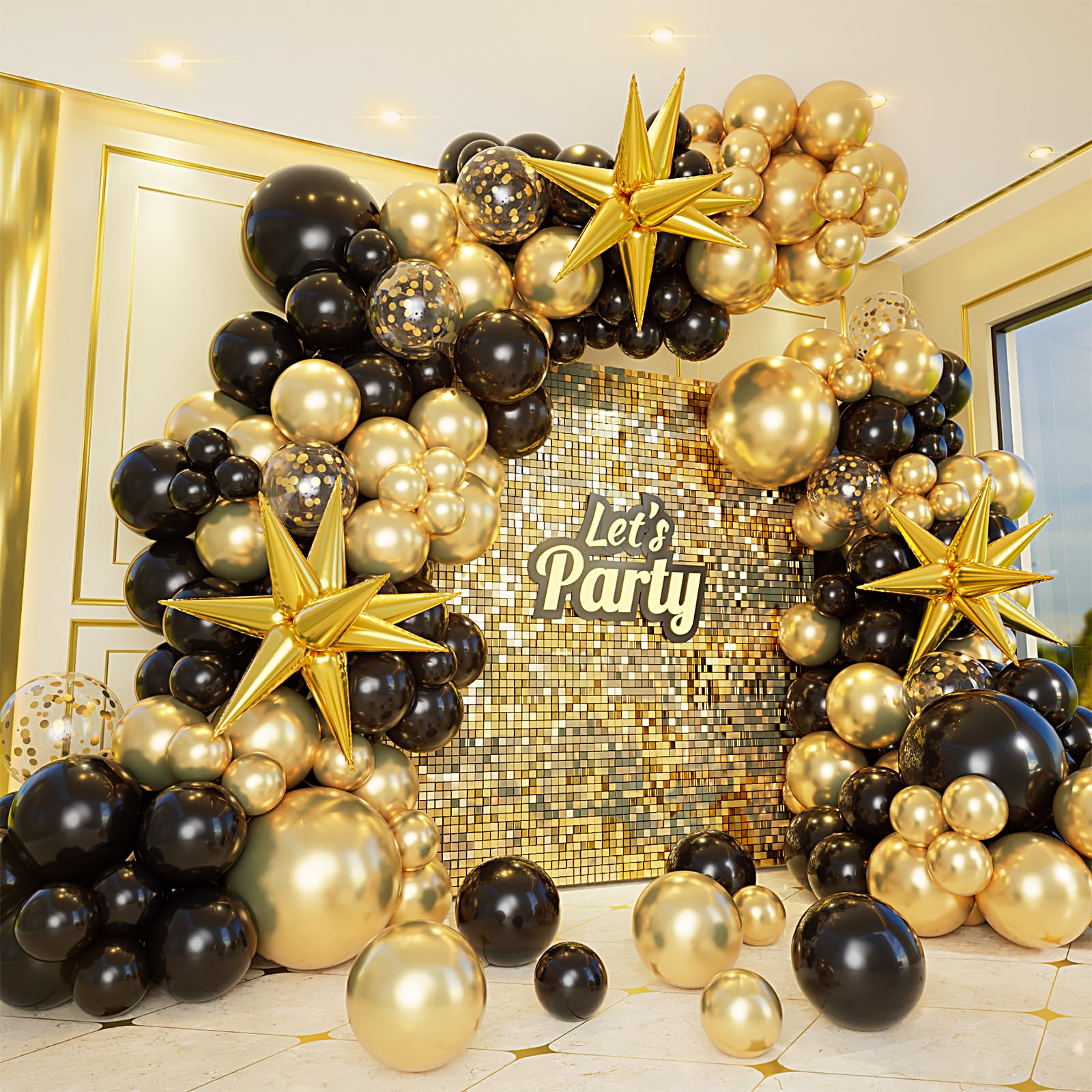 161pc Black and Gold Balloon Garland Arch Kit with Explosion Star Balloons for Anniversary Birthday Graduation Party Decor