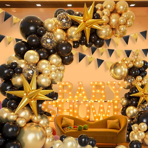161pc Black and Gold Balloon Garland Arch Kit with Explosion Star Balloons for Anniversary Birthday Graduation Party Decor
