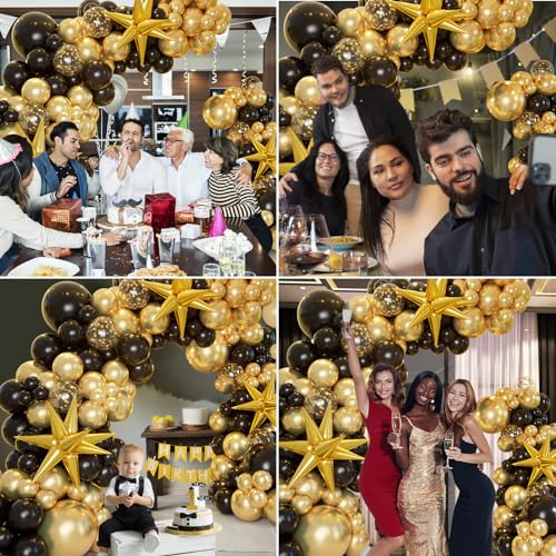 161pc Black and Gold Balloon Garland Arch Kit with Explosion Star Balloons for Anniversary Birthday Graduation Party Decor