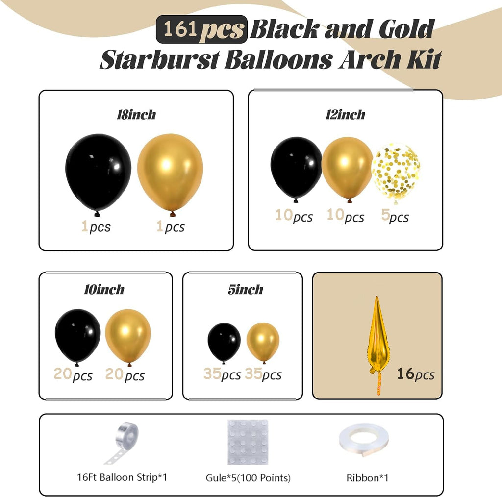 161pc Black and Gold Balloon Garland Arch Kit with Explosion Star Balloons for Anniversary Birthday Graduation Party Decor