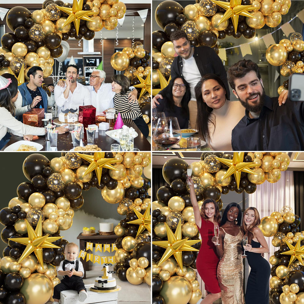161pc Black and Gold Balloon Garland Arch Kit with Explosion Star Balloons for Anniversary Birthday Graduation Party Decor