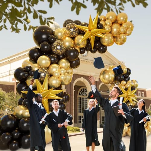 161pc Black and Gold Balloon Garland Arch Kit with Explosion Star Balloons for Anniversary Birthday Graduation Party Decor