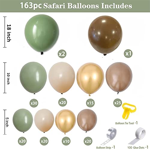 163 Pcs Sage Green Balloon Garland Kit – Natural Latex Jungle Safari Woodland Party Decorations for Baby Shower, Wild One Birthday